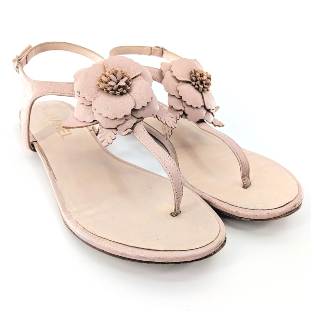 Chanel 'Camellia' Pink Leather T Strap Sandals